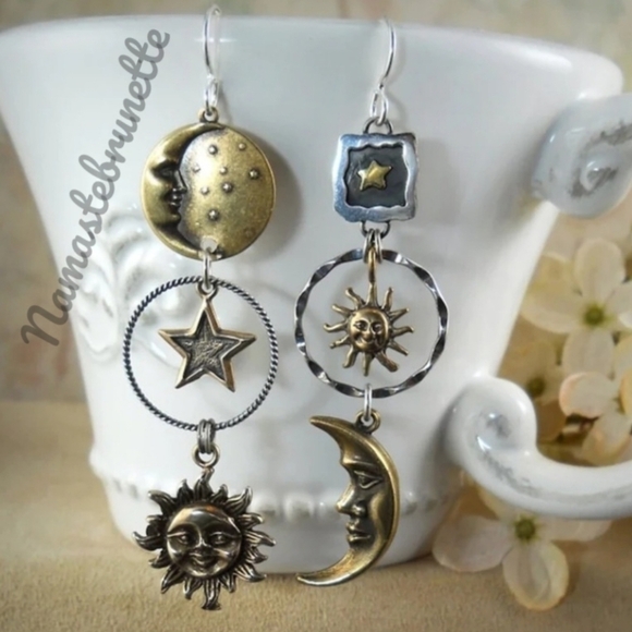 Metal Boho Celestial Sun Moon Star Dangle Earrings - Picture 3 of 17